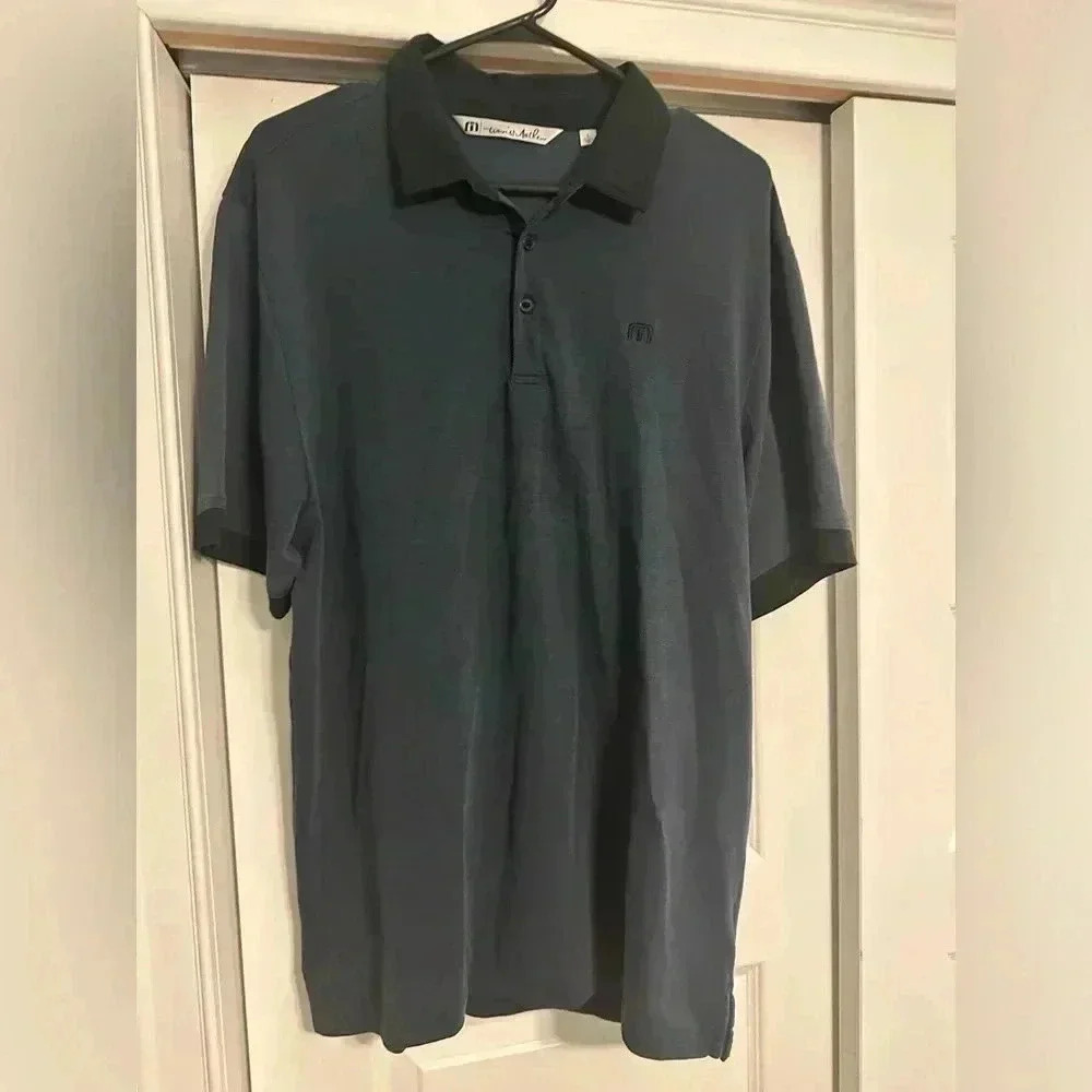 Travis Mathew Men's Size Large Polo Golf Shirt Navy Blue & Black Pima Cotton EUC